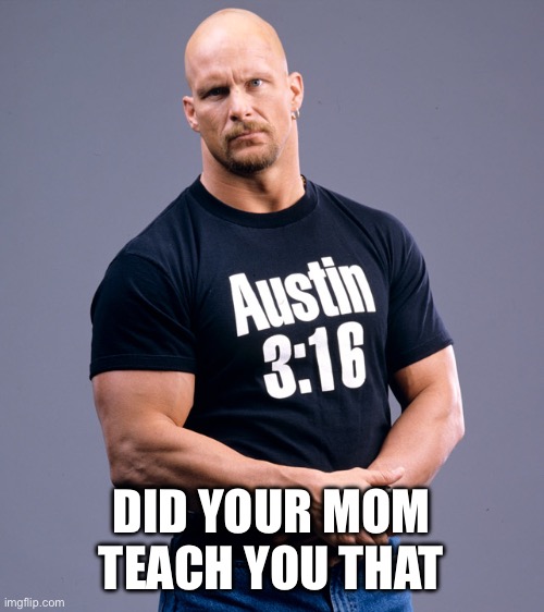 DID YOUR MOM TEACH YOU THAT | image tagged in stone cold steve austin | made w/ Imgflip meme maker