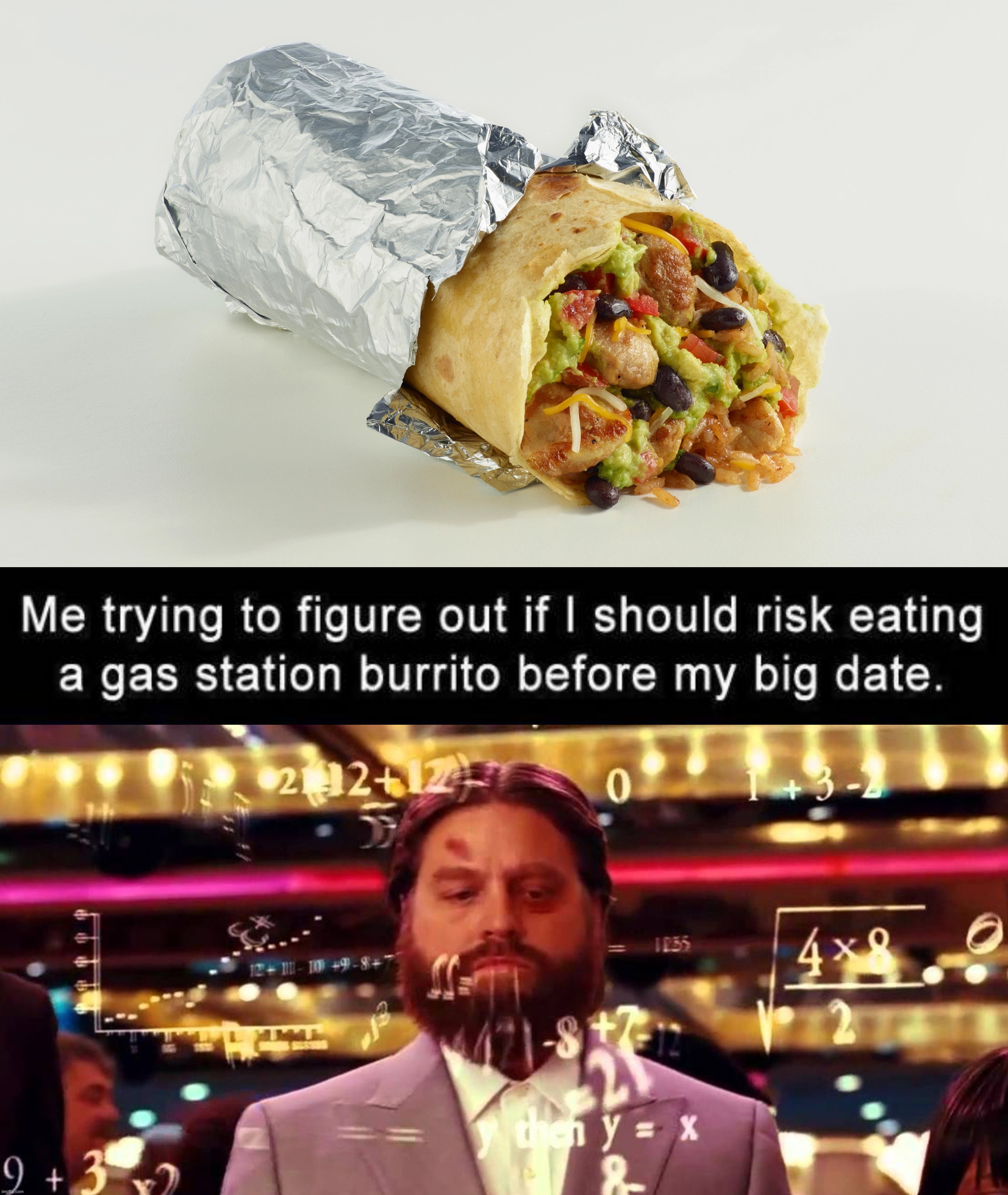 When you have to figure out how long it will last | image tagged in burrito,hangover math | made w/ Imgflip meme maker