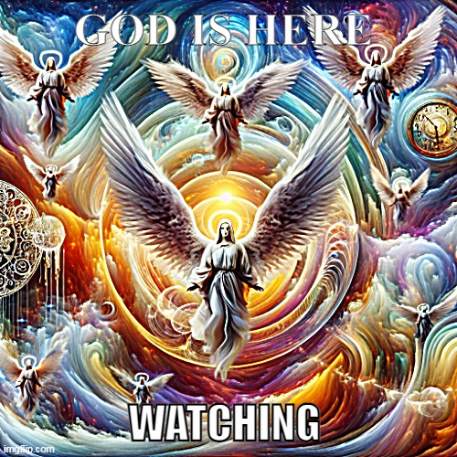 angels | GOD IS HERE; WATCHING | image tagged in angels | made w/ Imgflip meme maker