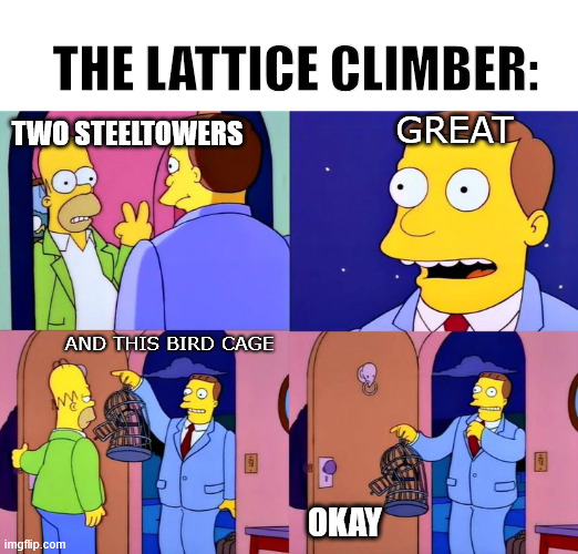 Bird Cage | THE LATTICE CLIMBER:; GREAT; TWO STEELTOWERS; AND THIS BIRD CAGE; OKAY | image tagged in the simpsons,lattice climbing,klettern,freeclimbing,meme,random | made w/ Imgflip meme maker