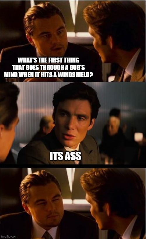 Inception | WHAT'S THE FIRST THING THAT GOES THROUGH A BUG'S MIND WHEN IT HITS A WINDSHIELD? ITS ASS | image tagged in memes,inception,dat ass,cool bug facts,mind blown | made w/ Imgflip meme maker