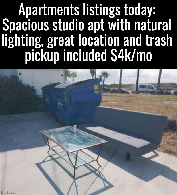 Kids have it hard finding affordable places to live | Apartments listings today: 
Spacious studio apt with natural 
lighting, great location and trash 
pickup included $4k/mo | image tagged in apartment,living the dream,shut up and take my money | made w/ Imgflip meme maker