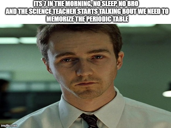 cooked | ITS 7 IN THE MORNING, NO SLEEP, NO BRO  
AND THE SCIENCE TEACHER STARTS TALKING BOUT WE NEED TO
MEMORIZE THE PERIODIC TABLE | image tagged in bro | made w/ Imgflip meme maker