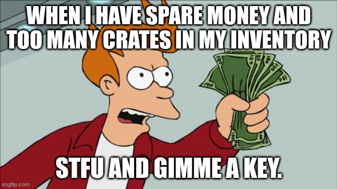 Shut Up And Take My Money Fry | WHEN I HAVE SPARE MONEY AND TOO MANY CRATES IN MY INVENTORY; STFU AND GIMME A KEY. | image tagged in memes,shut up and take my money fry | made w/ Imgflip meme maker