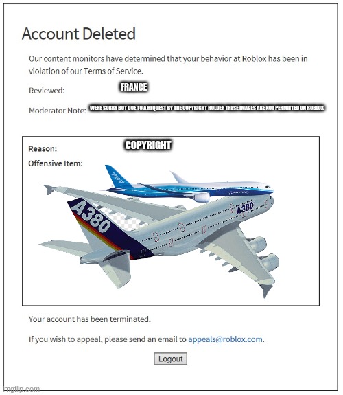 banned from ROBLOX | FRANCE; WERE SORRY BUT DUE TO A REQUEST BY THE COPYRIGHT HOLDER THESE IMAGES ARE NOT PERMITTED ON ROBLOX; COPYRIGHT | image tagged in banned from roblox | made w/ Imgflip meme maker