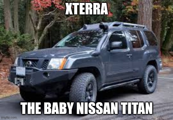 like literally everything from the titan bolts on | XTERRA; THE BABY NISSAN TITAN | image tagged in nissan xterra | made w/ Imgflip meme maker