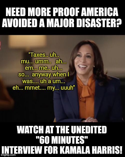 Hating Trump is no excuse for allowing this cabbage brained idiot to run for president! | NEED MORE PROOF AMERICA AVOIDED A MAJOR DISASTER? "Taxes.. uh.. mu... umm..   ah... em... me.. uh... so...  anyway when I was.... uh a um... eh... mmet.... my... uuuh"; WATCH AT THE UNEDITED "60 MINUTES" INTERVIEW FOR KAMALA HARRIS! | image tagged in kamala harris 60 minutes,stupid liberals,misinformation,biased media,liberal logic,cheaters | made w/ Imgflip meme maker