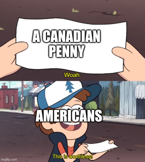 the metal is worth more than the coin | A CANADIAN PENNY; AMERICANS | image tagged in this is worthless,penny,america,money,memes,funny | made w/ Imgflip meme maker