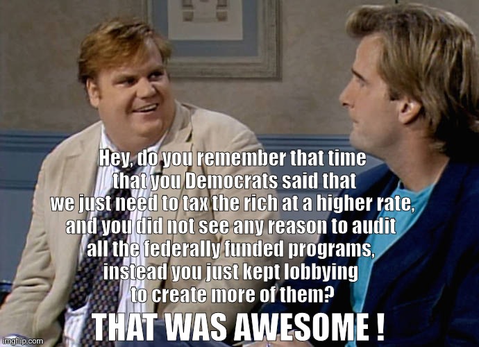 Remember that time | Hey, do you remember that time
 that you Democrats said that
 we just need to tax the rich at a higher rate, 
and you did not see any reason to audit 
all the federally funded programs, 
instead you just kept lobbying 
to create more of them? THAT WAS AWESOME ! | image tagged in remember that time | made w/ Imgflip meme maker