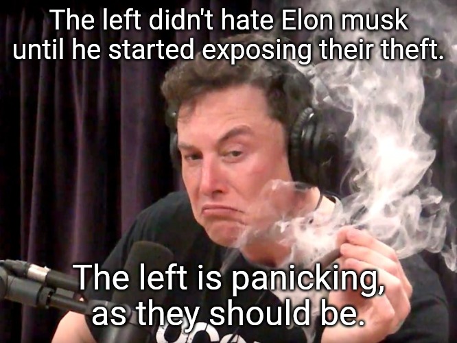 They didn't hate him when he was just making electric cars and sending people into space. | The left didn't hate Elon musk until he started exposing their theft. The left is panicking, as they should be. | image tagged in elon musk weed,leftists,democrats,corruption | made w/ Imgflip meme maker