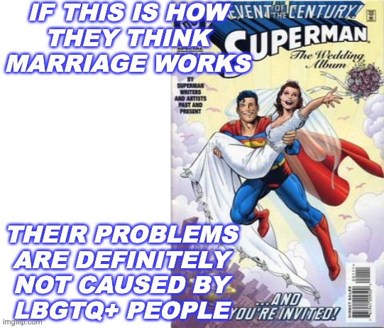 IF THIS IS HOW
THEY THINK MARRIAGE WORKS THEIR PROBLEMS
ARE DEFINITELY
NOT CAUSED BY
LBGTQ+ PEOPLE | image tagged in blank white template | made w/ Imgflip meme maker