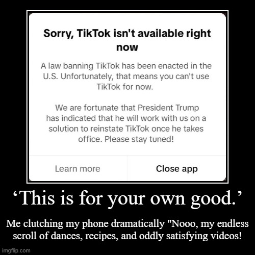 I cannot live without TikTok! | ‘This is for your own good.’ | Me clutching my phone dramatically "Nooo, my endless scroll of dances, recipes, and oddly satisfying videos! | image tagged in funny,demotivationals,tiktok,tiktok ban,donald trump approves,donald trump | made w/ Imgflip demotivational maker