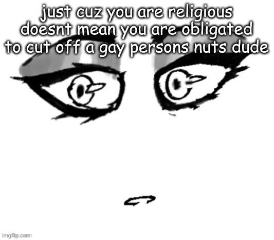 cant believe i have to say this | just cuz you are religious doesnt mean you are obligated to cut off a gay persons nuts dude | image tagged in 3 | made w/ Imgflip meme maker