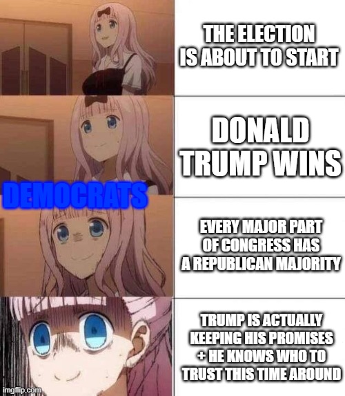 chika template | THE ELECTION IS ABOUT TO START DONALD TRUMP WINS EVERY MAJOR PART OF CONGRESS HAS A REPUBLICAN MAJORITY TRUMP IS ACTUALLY KEEPING HIS PROMIS | image tagged in chika template | made w/ Imgflip meme maker