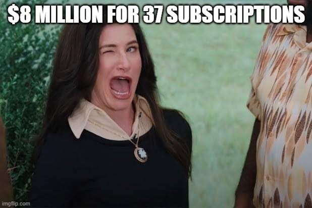 WandaVision Agnes wink | $8 MILLION FOR 37 SUBSCRIPTIONS | image tagged in wandavision agnes wink | made w/ Imgflip meme maker