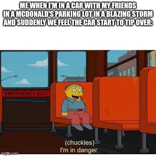 This actually happened before. but the car didn't fall dw :) | ME WHEN I'M IN A CAR WITH MY FRIENDS IN A MCDONALD'S PARKING LOT IN A BLAZING STORM AND SUDDENLY WE FEEL THE CAR START TO TIP OVER: | image tagged in i'm in danger | made w/ Imgflip meme maker