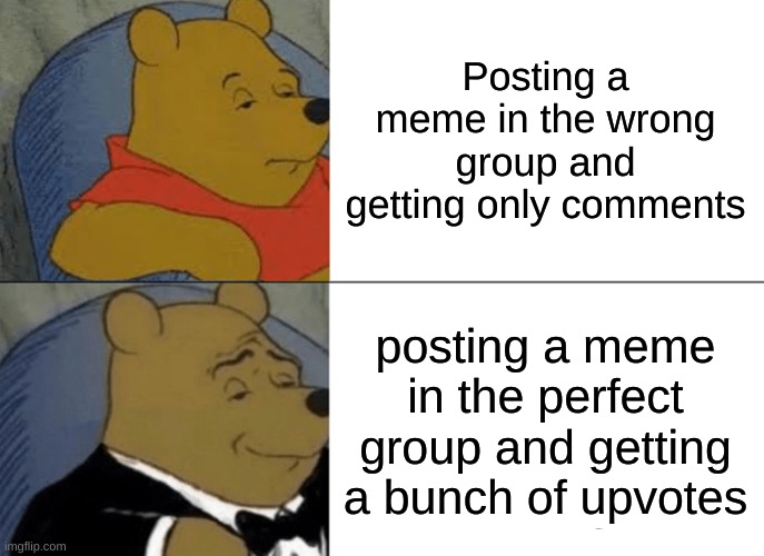 Post | Posting a meme in the wrong group and getting only comments; posting a meme in the perfect group and getting a bunch of upvotes | image tagged in memes,tuxedo winnie the pooh | made w/ Imgflip meme maker