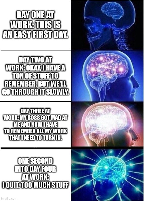 Work I Too Much Stress | DAY ONE AT WORK: THIS IS AN EASY FIRST DAY. DAY TWO AT WORK: OKAY, I HAVE A TON OF STUFF TO REMEMBER, BUT WE'LL GO THROUGH IT SLOWLY. DAY THREE AT WORK: MY BOSS GOT MAD AT ME AND NOW I HAVE TO REMEMBER ALL MY WORK THAT I NEED TO TURN IN. ONE SECOND INTO DAY FOUR AT WORK:
I QUIT. TOO MUCH STUFF | image tagged in memes,expanding brain | made w/ Imgflip meme maker