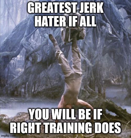 Skywalker Balancing Yoda | GREATEST JERK HATER IF ALL YOU WILL BE IF RIGHT TRAINING DOES | image tagged in skywalker balancing yoda | made w/ Imgflip meme maker