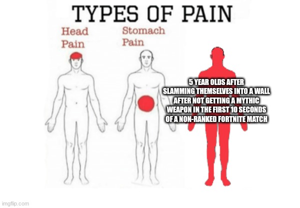 lol | 5 YEAR OLDS AFTER SLAMMING THEMSELVES INTO A WALL AFTER NOT GETTING A MYTHIC WEAPON IN THE FIRST 10 SECONDS OF A NON-RANKED FORTNITE MATCH | image tagged in types of pain,understandable,sus,rip | made w/ Imgflip meme maker