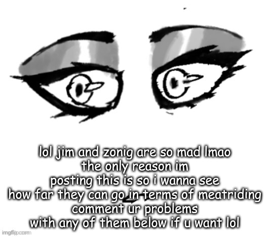 i dont have to post this but i will | lol jim and zonig are so mad lmao
the only reason im posting this is so i wanna see how far they can go in terms of meatriding
comment ur problems with any of them below if u want lol | image tagged in 3 | made w/ Imgflip meme maker