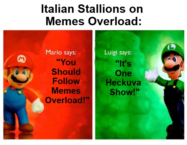 {meme template} Italian Stallions Say [HQ] {meme template} | Italian Stallions on 

Memes Overload:; "You 

Should 

Follow 

Memes 

Overload!"; "It's 

One 

Heckuva 

Show!" | image tagged in italian stallions say hq,mario,luigi,compare and contrast,point and counterpoint,memes overload | made w/ Imgflip meme maker