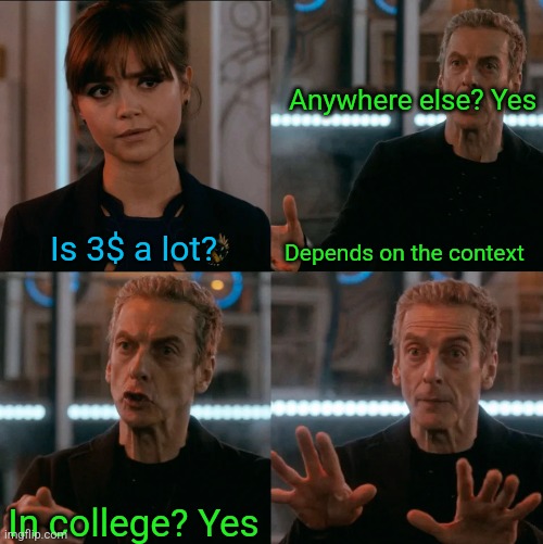 Is Four A Lot | Anywhere else? Yes; Is 3$ a lot? Depends on the context; In college? Yes | image tagged in is four a lot | made w/ Imgflip meme maker