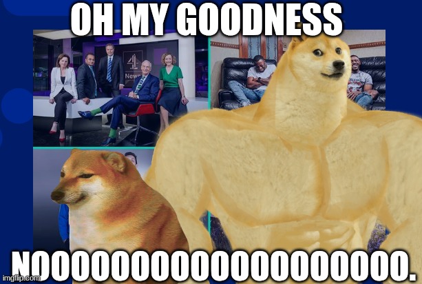 Buff Doge facing Cheems | OH MY GOODNESS; NOOOOOOOOOOOOOOOOOOO. | image tagged in memes,buff doge vs cheems | made w/ Imgflip meme maker