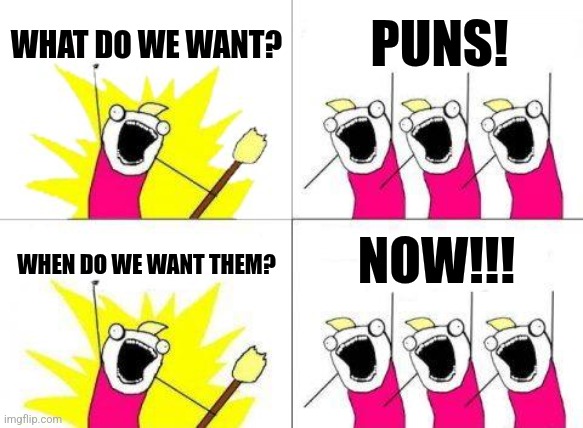 They Want Puns | WHAT DO WE WANT? PUNS! NOW!!! WHEN DO WE WANT THEM? | image tagged in memes,what do we want,jpfan102504,puns | made w/ Imgflip meme maker