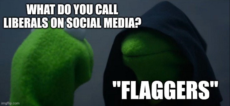 Evil Kermit | WHAT DO YOU CALL LIBERALS ON SOCIAL MEDIA? "FLAGGERS" | image tagged in memes,evil kermit | made w/ Imgflip meme maker