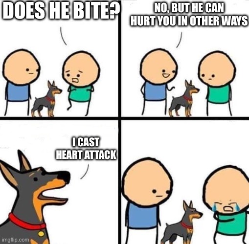 At least I’d not cardiac arrest | DOES HE BITE? NO, BUT HE CAN HURT YOU IN OTHER WAYS; I CAST HEART ATTACK | image tagged in dog hurt comic | made w/ Imgflip meme maker