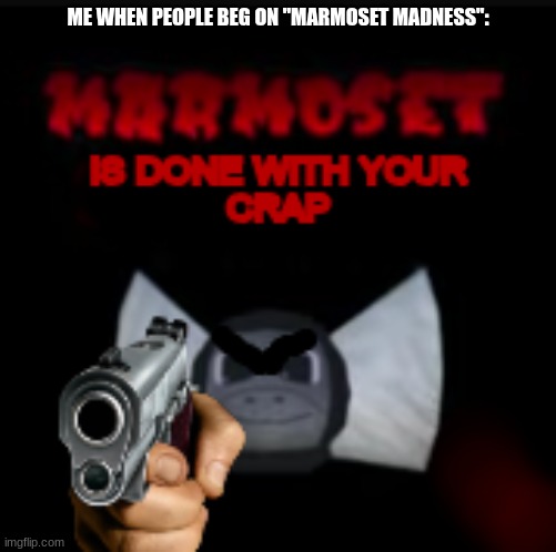 This is so annoying as a game developer | ME WHEN PEOPLE BEG ON "MARMOSET MADNESS": | image tagged in gun,monkey,done | made w/ Imgflip meme maker