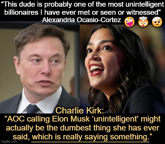 THE RICHEST MAN IN THE WORLD is judged by a socialist whose bid to lead a House Committee FAILED! | “This dude is probably one of the most unintelligent billionaires I have ever met or seen or witnessed”; 🤪🤯🤕; Alexandria Ocasio-Cortez; “AOC calling Elon Musk ‘unintelligent’ might 
actually be the dumbest thing she has ever 
said, which is really saying something.”; Charlie Kirk:; ____________ | image tagged in elon musk,brilliant,businessman,aoc,dumb,democrat | made w/ Imgflip meme maker