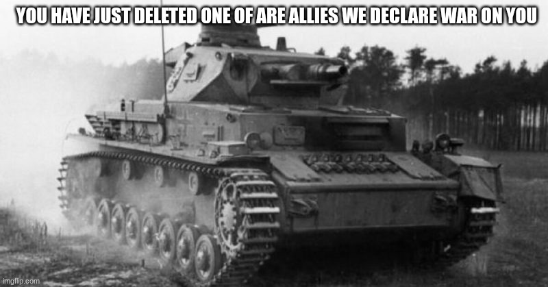 YOU HAVE JUST DELETED ONE OF ARE ALLIES WE DECLARE WAR ON YOU | image tagged in war | made w/ Imgflip meme maker
