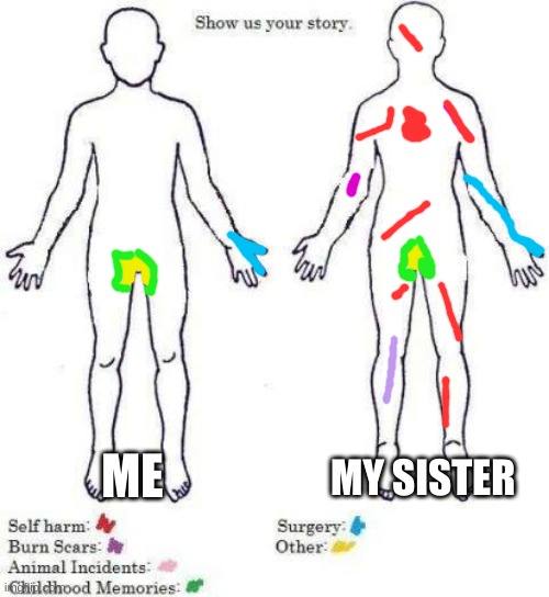 no joke | ME; MY SISTER | image tagged in show us your story,self harm | made w/ Imgflip meme maker