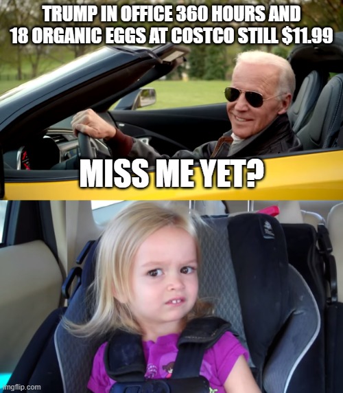 TRUMP IN OFFICE 360 HOURS AND 18 ORGANIC EGGS AT COSTCO STILL $11.99; MISS ME YET? | image tagged in biden car | made w/ Imgflip meme maker