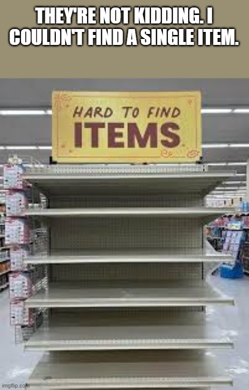 memes by Brad - This section is for "hard to find items"  - humor - | THEY'RE NOT KIDDING. I COULDN'T FIND A SINGLE ITEM. | image tagged in funny,fun,play on words,shopping,humor | made w/ Imgflip meme maker