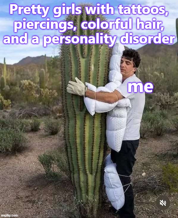 The problem with pretty girls... | Pretty girls with tattoos, piercings, colorful hair,
and a personality disorder; me | image tagged in funny,memes | made w/ Imgflip meme maker