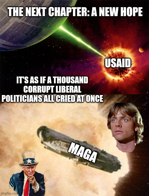 A New Hope | THE NEXT CHAPTER: A NEW HOPE; USAID; IT'S AS IF A THOUSAND CORRUPT LIBERAL POLITICIANS ALL CRIED AT ONCE; MAGA | image tagged in star wars exploding death star,leftists,democrats,liberals,usaid | made w/ Imgflip meme maker