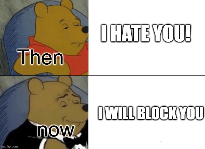 Tuxedo Winnie The Pooh | I HATE YOU! Then; I WILL BLOCK YOU; now | image tagged in memes,tuxedo winnie the pooh | made w/ Imgflip meme maker