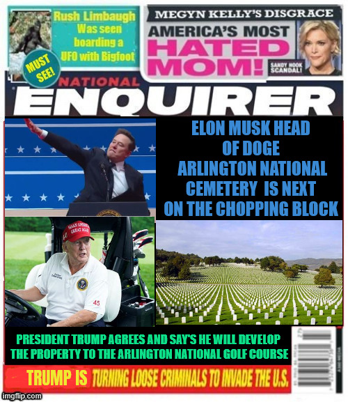 National Enquirer Musk put Arlington Cemetery on chopping block | ELON MUSK HEAD OF DOGE
 ARLINGTON NATIONAL CEMETERY  IS NEXT ON THE CHOPPING BLOCK; PRESIDENT TRUMP AGREES AND SAY'S HE WILL DEVELOP
 THE PROPERTY TO THE ARLINGTON NATIONAL GOLF COURSE; TRUMP IS | image tagged in national enquirer musk put arlington cemetery on chopping block,trump to turn arlington into golf course,suckers and losers | made w/ Imgflip meme maker