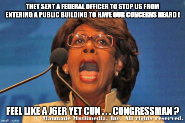 Maxine waters | THEY SENT A FEDERAL OFFICER TO STOP US FROM ENTERING A PUBLIC BUILDING TO HAVE OUR CONCERNS HEARD ! FEEL LIKE A J6ER YET CUN . . . CONGRESSM | image tagged in maxine waters | made w/ Imgflip meme maker