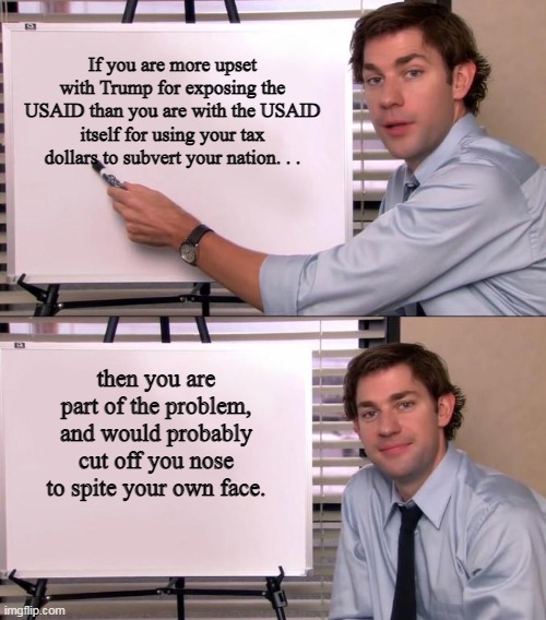 Jim Halpert Explains | If you are more upset with Trump for exposing the USAID than you are with the USAID itself for using your tax dollars to subvert your nation. . . then you are part of the problem, and would probably cut off you nose to spite your own face. | image tagged in jim halpert explains | made w/ Imgflip meme maker