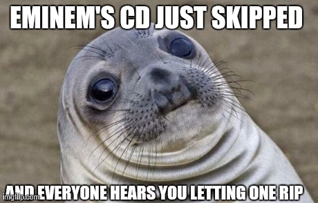 Awkward Moment Sealion Meme | EMINEM'S CD JUST SKIPPED  AND EVERYONE HEARS YOU LETTING ONE RIP | image tagged in memes,awkward moment sealion,AdviceAnimals | made w/ Imgflip meme maker