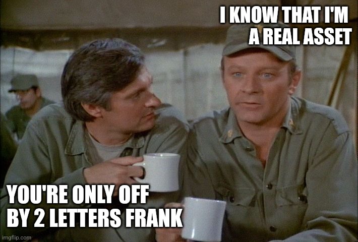 Frank and Hawkeye | I KNOW THAT I'M 
A REAL ASSET; YOU'RE ONLY OFF
BY 2 LETTERS FRANK | image tagged in funny memes | made w/ Imgflip meme maker