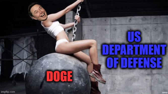 miley cyrus wreckingball | US DEPARTMENT OF DEFENSE; DOGE | image tagged in miley cyrus wreckingball,elon musk,doge,military | made w/ Imgflip meme maker