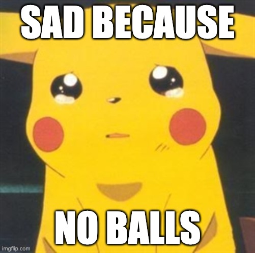 I'm sorry sad pikachu | SAD BECAUSE; NO BALLS | image tagged in i'm sorry sad pikachu,memes,funny,pokemon,pikachu,wtf | made w/ Imgflip meme maker