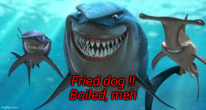 Fish are friends not food | Fried dog !!
Boiled, meh | image tagged in fish are friends not food | made w/ Imgflip meme maker