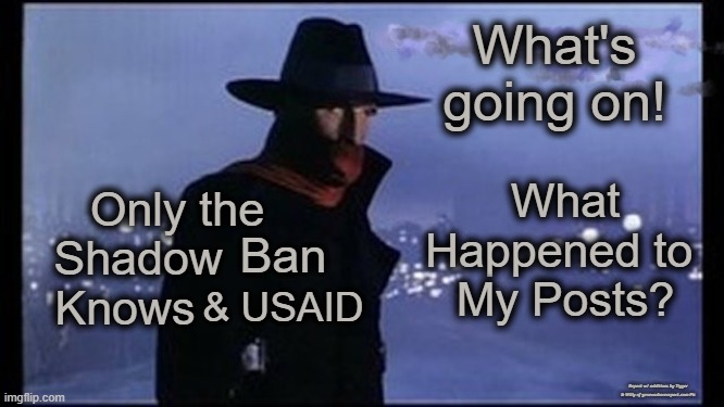 What's going on! What Happened to 
My Posts? Only the 


Shadow; Ban; & USAID; Knows; Repost w/ additions by Tigger & Willy of genevashorereport.com Pic | made w/ Imgflip meme maker