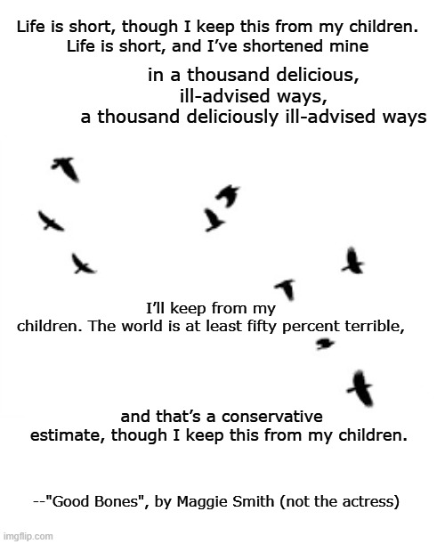 black crows flying | Life is short, though I keep this from my children.
Life is short, and I’ve shortened mine; in a thousand delicious, ill-advised ways,
a thousand deliciously ill-advised ways; I’ll keep from my children. The world is at least fifty percent terrible, and that’s a conservative
estimate, though I keep this from my children. --"Good Bones", by Maggie Smith (not the actress) | image tagged in black crows flying | made w/ Imgflip meme maker